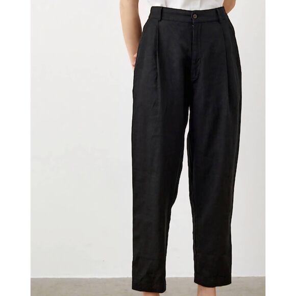 LinenID Studio Pants Women's Small Black Linen Tapered Pleated Elastic Waist - Picture 1 of 6